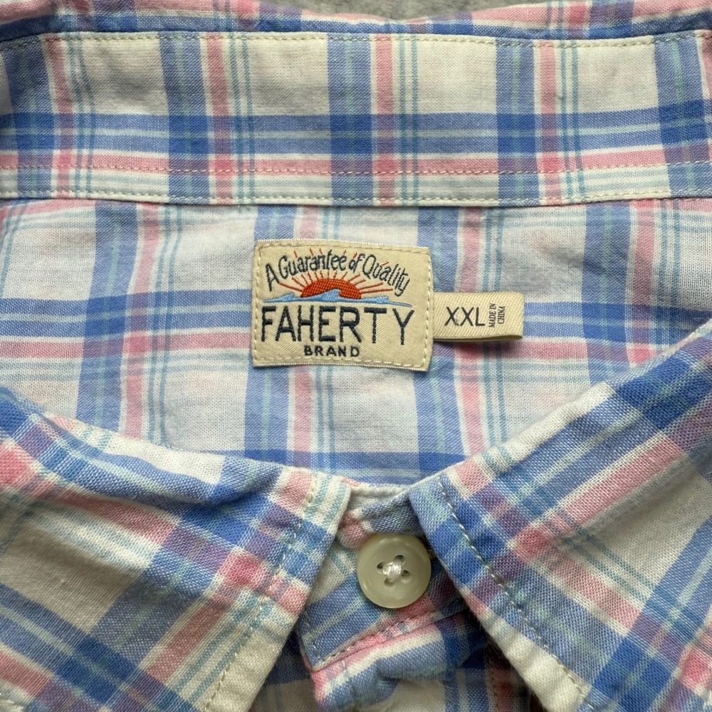 Faherty Brand Mens XXL Blue Pink White Plaid Cotton Gauze Button Down Shirt